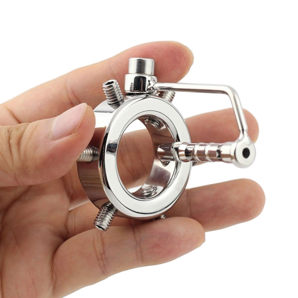 Experience hardcore control with our stainless steel 'Ring of Torture' kit CBT. This weighty ring tightens around your manhood with adjustable screws and includes a urethra chastity plug, keeping your motivation securely behind steel. Join our community embracing next-level restraint.