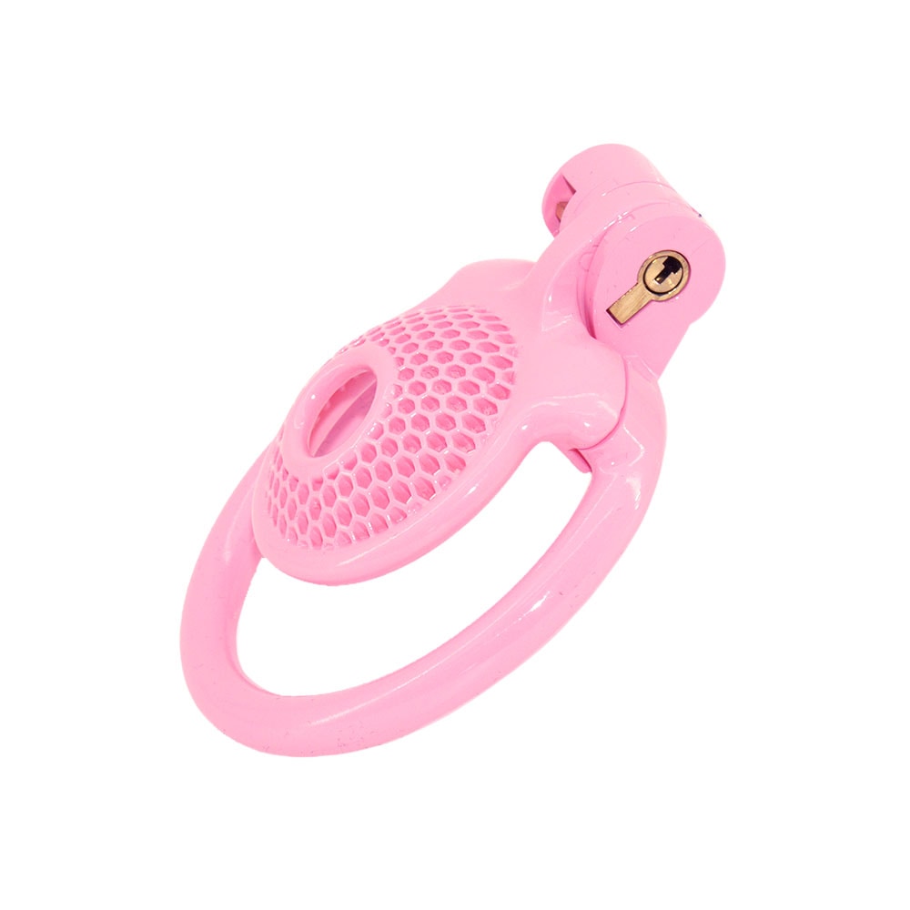 Inverted Chastity redefined with our resin male cage. Flat pink mesh ensures comfort and discretion. Opening allows easy cleaning. With tips shaped like gentle thorns for added sensation, secured with barrel lock and nut.