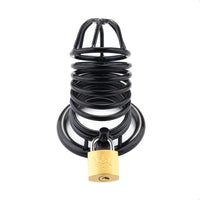 Check out this pic of our black, metal cage its attachment is simple and secure. The photo highlights its pros: comfort, airflow, and adjustable rings. The cons? None we could find!, it's the perfect solution for restraint without compromise.
