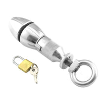 Introducing the Cougar's Riveted Metal Penis Plug a bold, black stainless steel anal toy designed for the adventurous. With its helmet-like tip and adjustable, locking mechanism for ultimate safety and control, this is not for the faint-hearted.