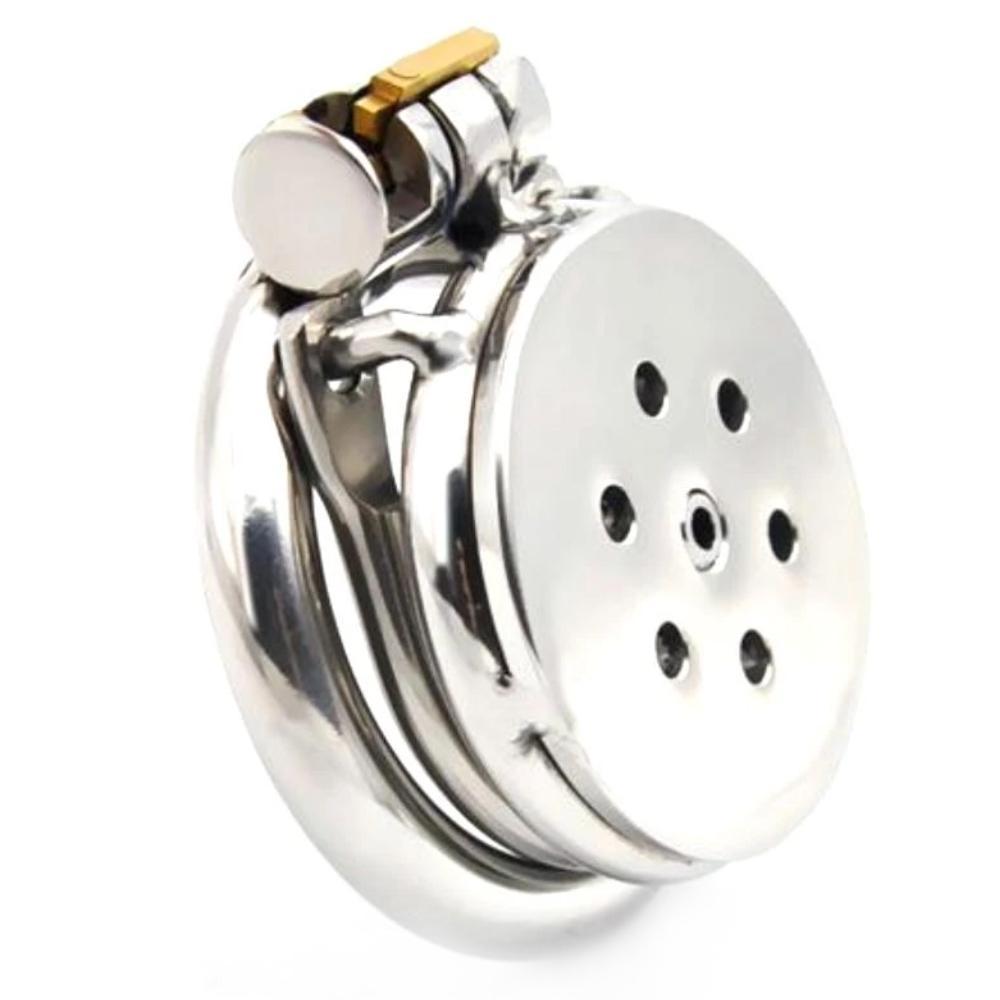 Embrace your submissive journey with the Flat Gatling stainless steel chastity device, featuring inversion for a flat silhouette. Ideal for small male anatomy, its gatling holes provide discreet ventilation, blending seamlessly under clothes. Perfect for feminization, dom-sub dynamics, and long-term wear, it keeps your urges in check while enhancing your femininity.