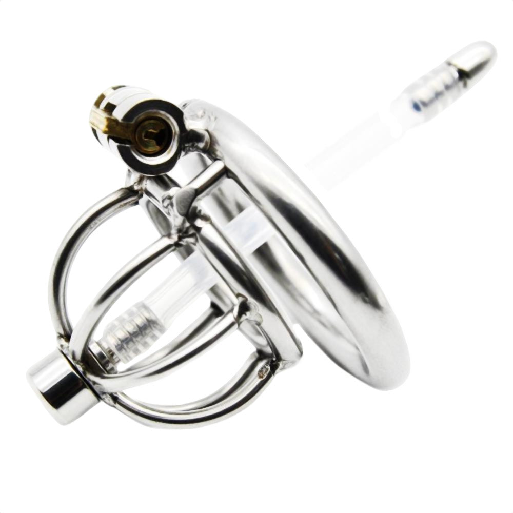 Experience progression in pleasure and control with this metal chastity cage. Perfect for those trying to navigate the chastity community, it offers a snug fit with three chastity base rings and intense sensations with a urethral sound.