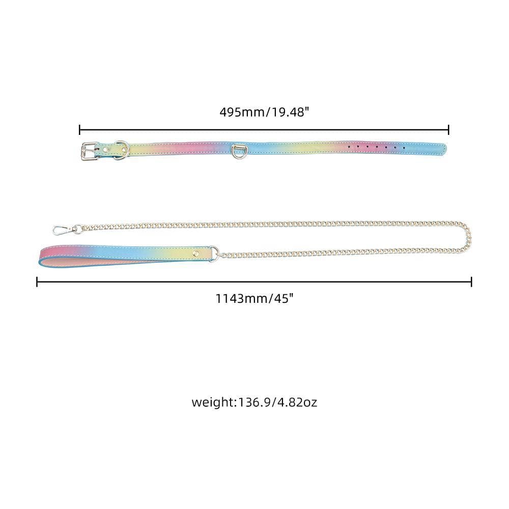 Elevate your bondage play with this vibrant rainbow faux leather collar and leash. Its soft touch ensures comfortable wear, making extended sessions possible. Adjustable golden buckles bring you and your partner close, aroused by new adventures that are anything but weird.