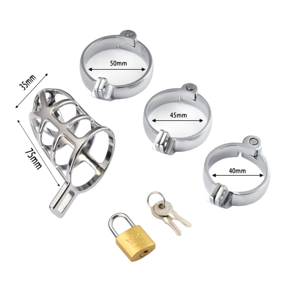 Experience ultimate control with our inverted cage. The cruel male design features a honeycomb chainmail pattern that keeps skin secure while allowing teasing pokes between the spaces.