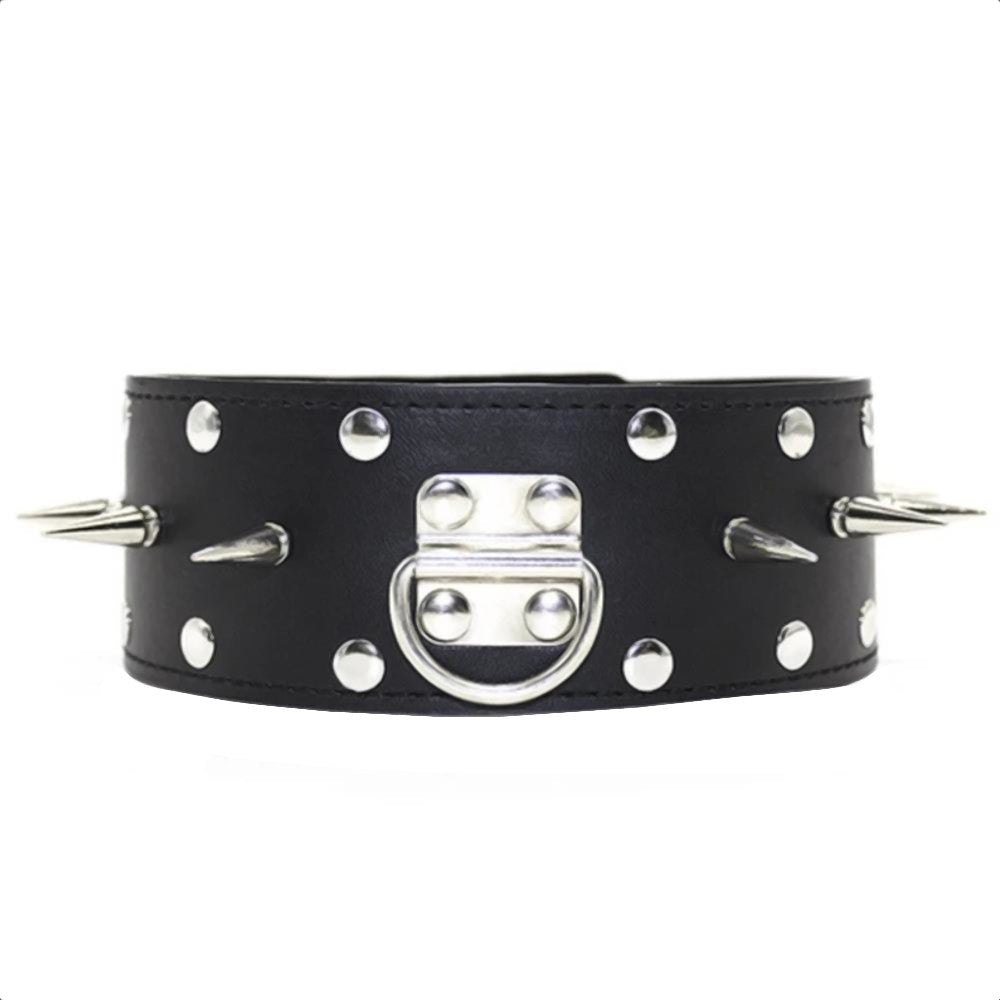 Embrace control with our punky black steel chastity device collar and leash. A study in dominance, this dangerous accessory increases excitement while preventing injuries. Its spiky design warns of danger a bold statement of ownership.