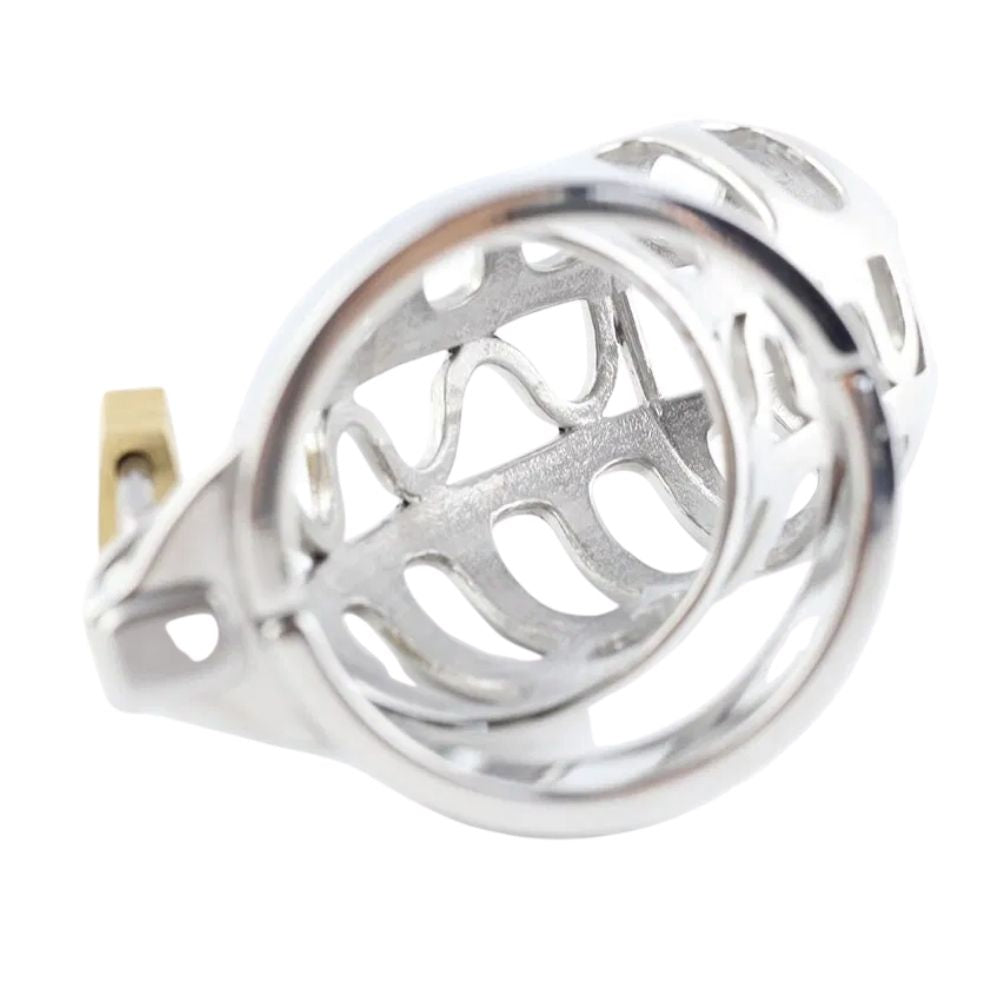 Unlock intense power dynamics with this silver chastity pod, designed for seamless wear. Complete control with three keys ensures commitment. The perfect balance of exposure and restraint.