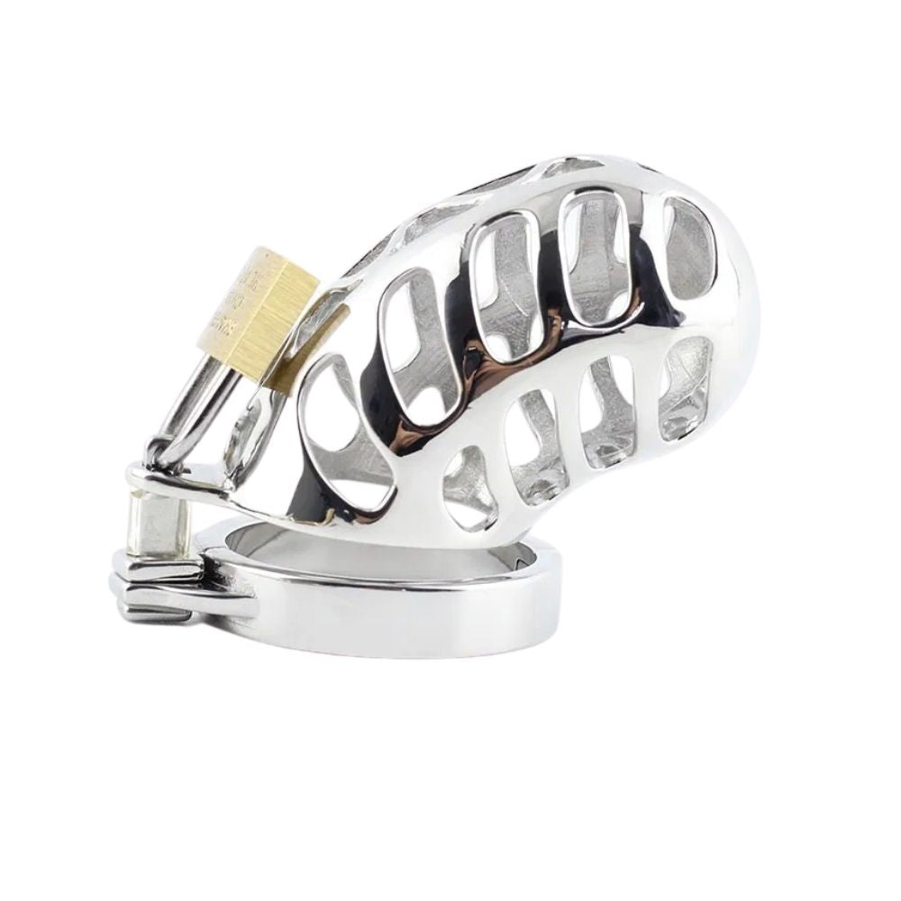 Discover the perfect blend of aesthetic and function with this intricately molded stainless steel chastity model. Featuring ergonomic tubes and secure pros, it expertly balances restraint and exposure.