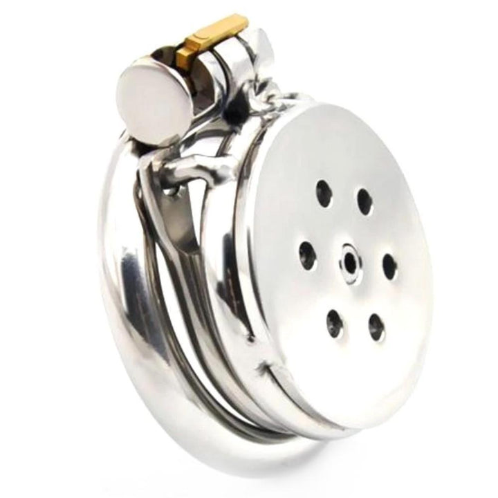 Embrace your submissive journey with the Flat Gatling stainless steel chastity device, featuring inversion for a flat silhouette. Ideal for small male anatomy, its gatling holes provide discreet ventilation, blending seamlessly under clothes. Perfect for feminization, dom-sub dynamics, and long-term wear, it keeps your urges in check while enhancing your femininity.