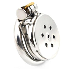 Embrace your submissive journey with the Flat Gatling stainless steel chastity device, featuring inversion for a flat silhouette. Ideal for small male anatomy, its gatling holes provide discreet ventilation, blending seamlessly under clothes. Perfect for feminization, dom-sub dynamics, and long-term wear, it keeps your urges in check while enhancing your femininity.