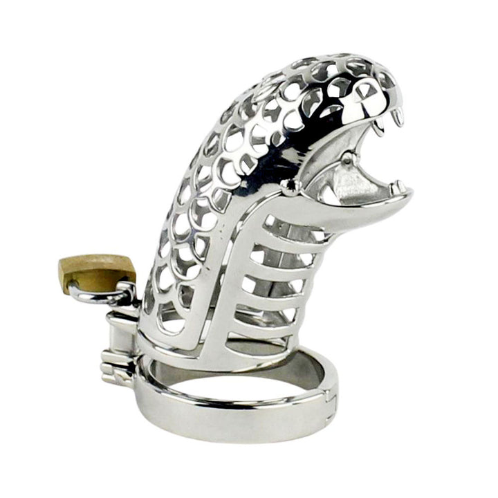 Stainless steel penis cage shaped like a serpentine basilisk. Offers xtreme vibrating sensations and ensures no testical discomfort. Perfect for temperature-sensitive play and prolonged wear.