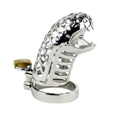 Stainless steel penis cage shaped like a serpentine basilisk. Offers xtreme vibrating sensations and ensures no testical discomfort. Perfect for temperature-sensitive play and prolonged wear.